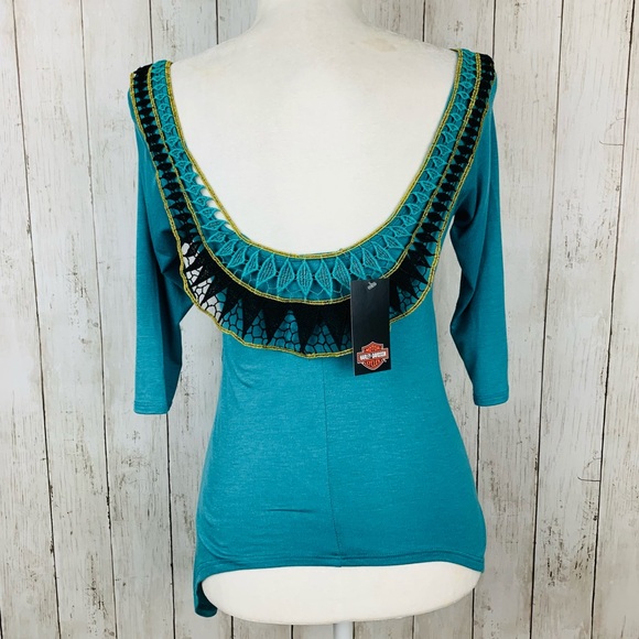 🔥HARLEY-DAVIDSON🔥3/4 Sleeve Embellished Top Low Back Teal Blue Small NWT - Picture 3 of 4